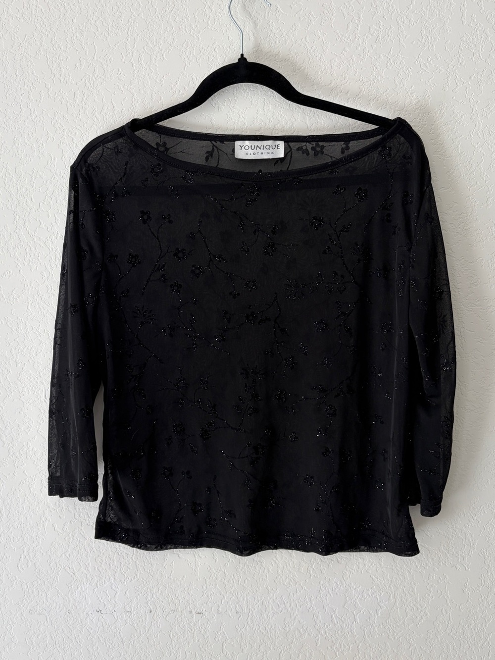 Y2K WHIMSIGOTH SHEER MESH GLITTER FLORAL TOP BLACK LONG SLEEVE GOING OUT L